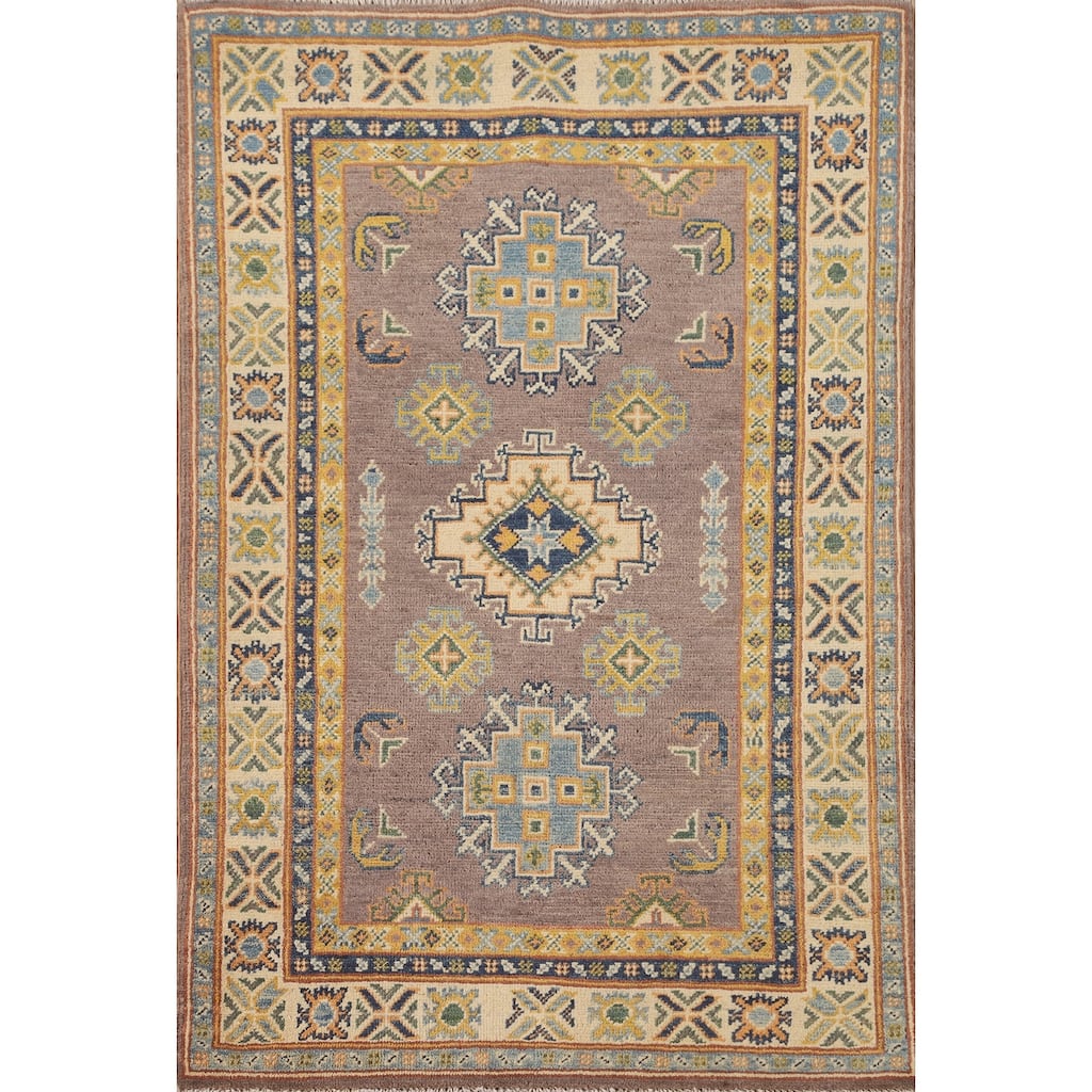 Geometric Brown Kazak Foyer Rug Hand-Knotted Wool Carpet - 2'8" x 4'3"