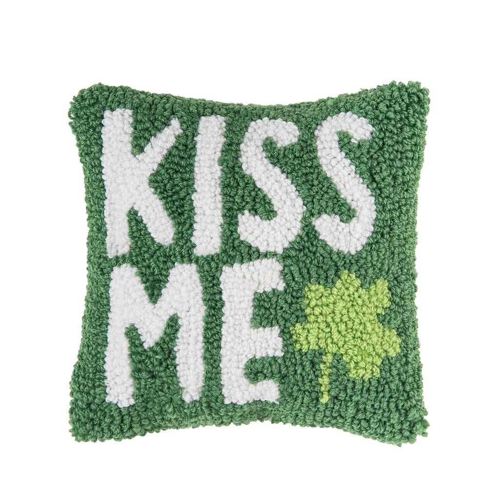 8" x 8" St. Patrick's Day "Kiss Me" Clover Hooked Small/Petite Accent Pillow