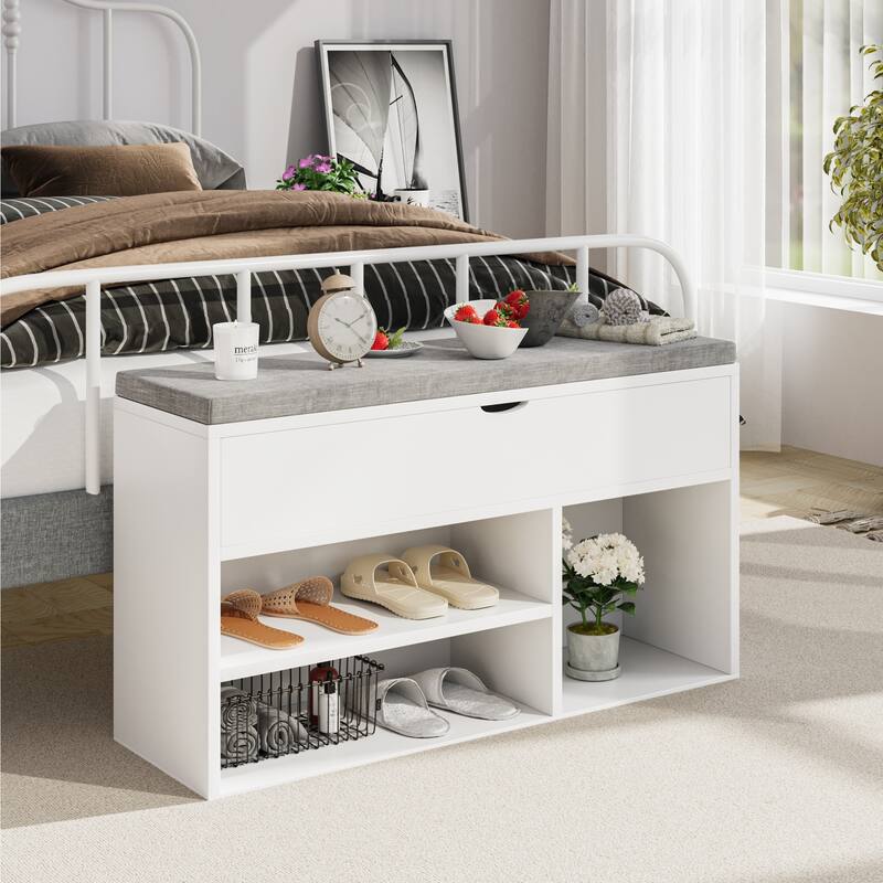 Shoe Storage Bench with a Cushioned Seat and 2 Tiers of Shelves