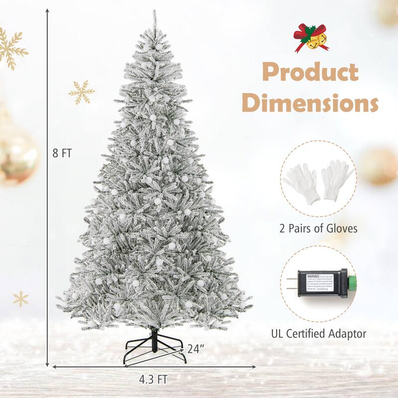 Snow Flocked Prelit Christmas Tree Green and White with LED and Frosted Sphere Lights Adjustable