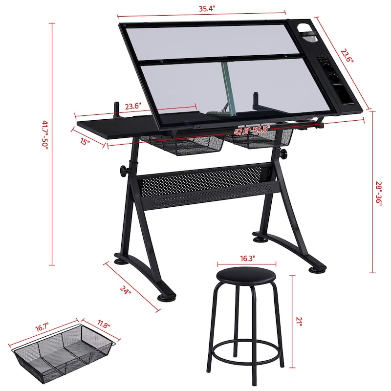 Yaheetech Height Adjustable Glass Drafting Table & Stool Set with 2 Drawers, Black