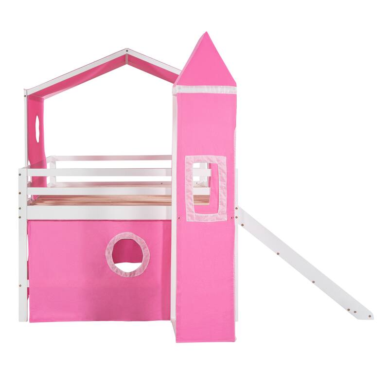 Twin/Full Size Kids Loft Bed with Slide and Tent, House Loft Bed with Tower and Ladder, Wood Loft Bed Playhouse Bed Frame