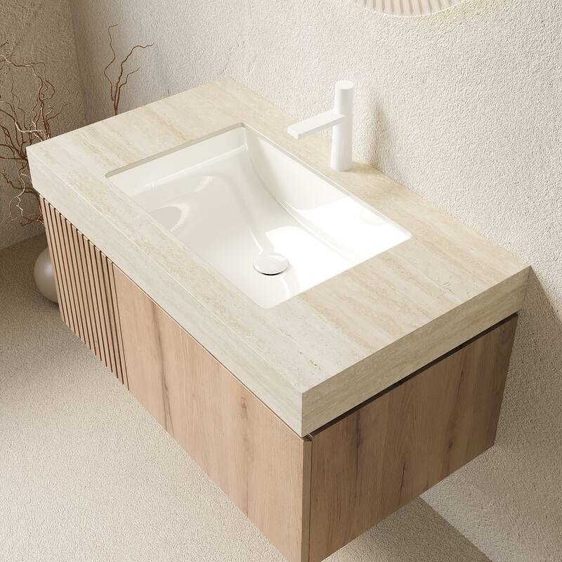 30"/36"/48" Wall-Mounted Bathroom Vanity with Ceramic Sink, Sintered Stone Countertop Floating Bathroom Storage Cabinet