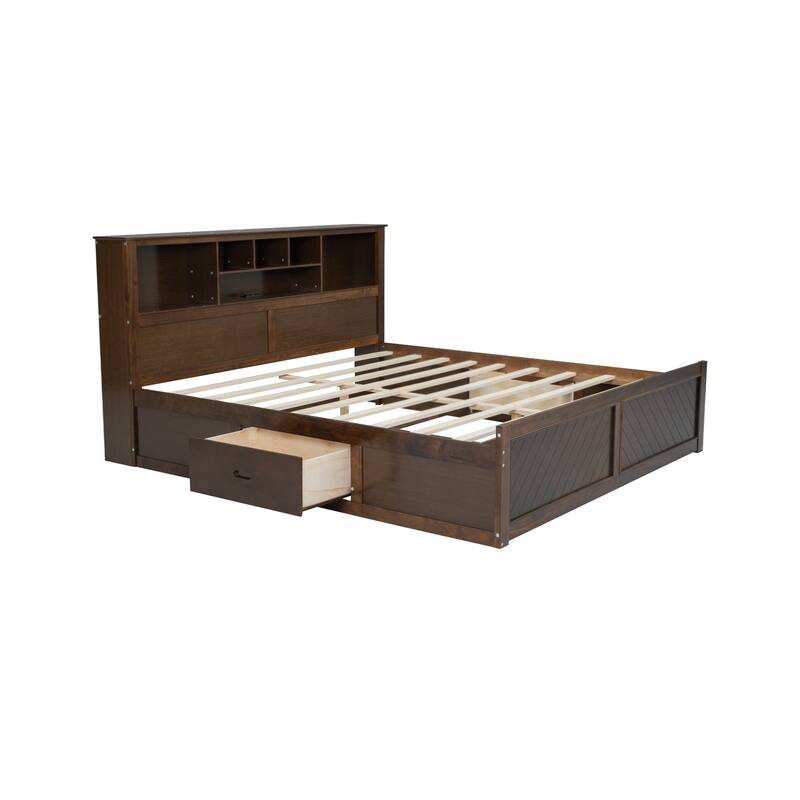 King Size Wood Platform Bed with Storage Headboard, USB Ports, and Drawers in Antique Wood Finish