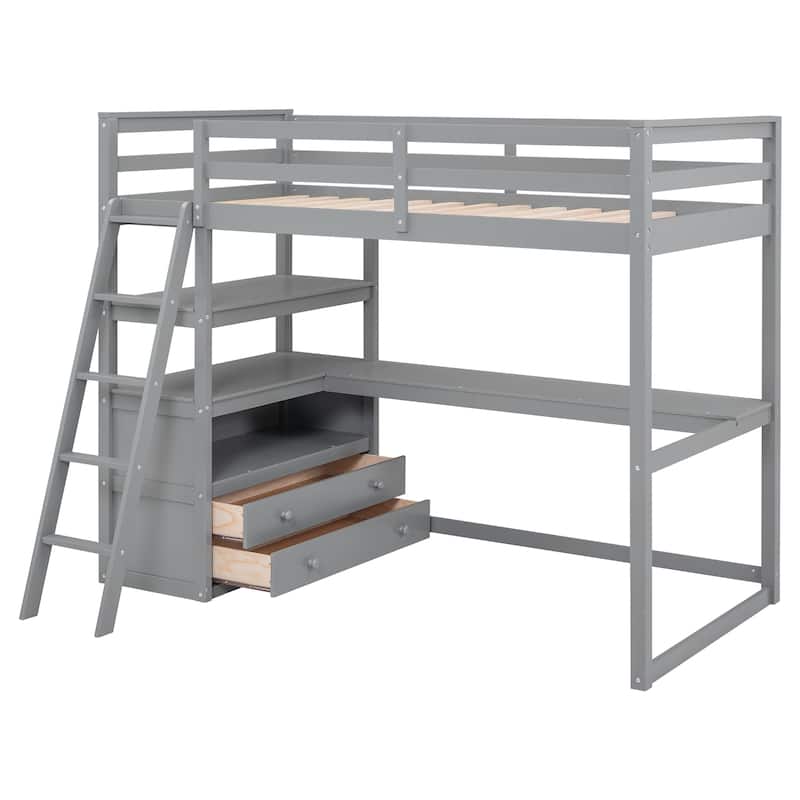 Loft Bed with Desk and Shelves, Two Built-in Drawers