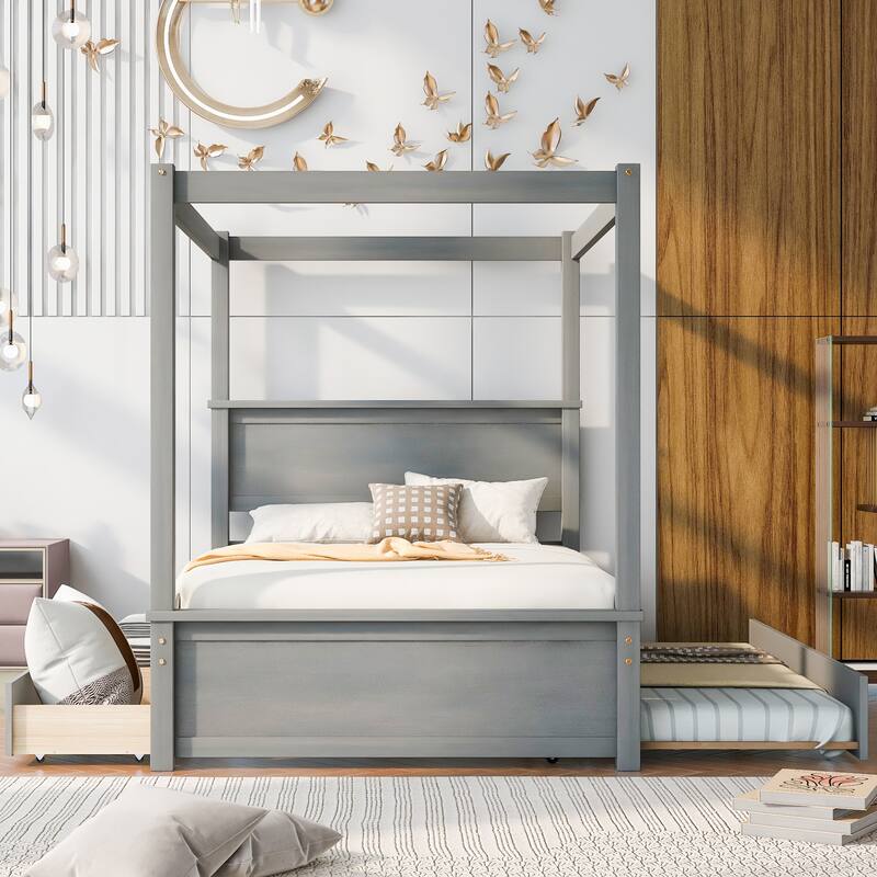 Wood Canopy Bed with Trundle Bed and two Drawers, Canopy Platform bed With Support Slats .No Box Spring Needed