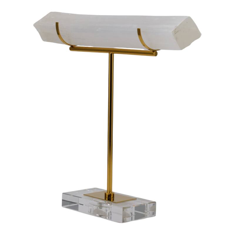 Selenite Stone Log Statuary with Metal Accents and Acrylic Base