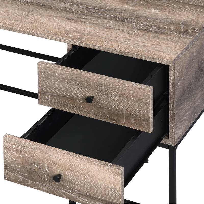 Elegant Rustic Oak Writing Desk with Four Storage Drawers, USB Charging Port & Sleek Black Metal Sled Base for Home or Office