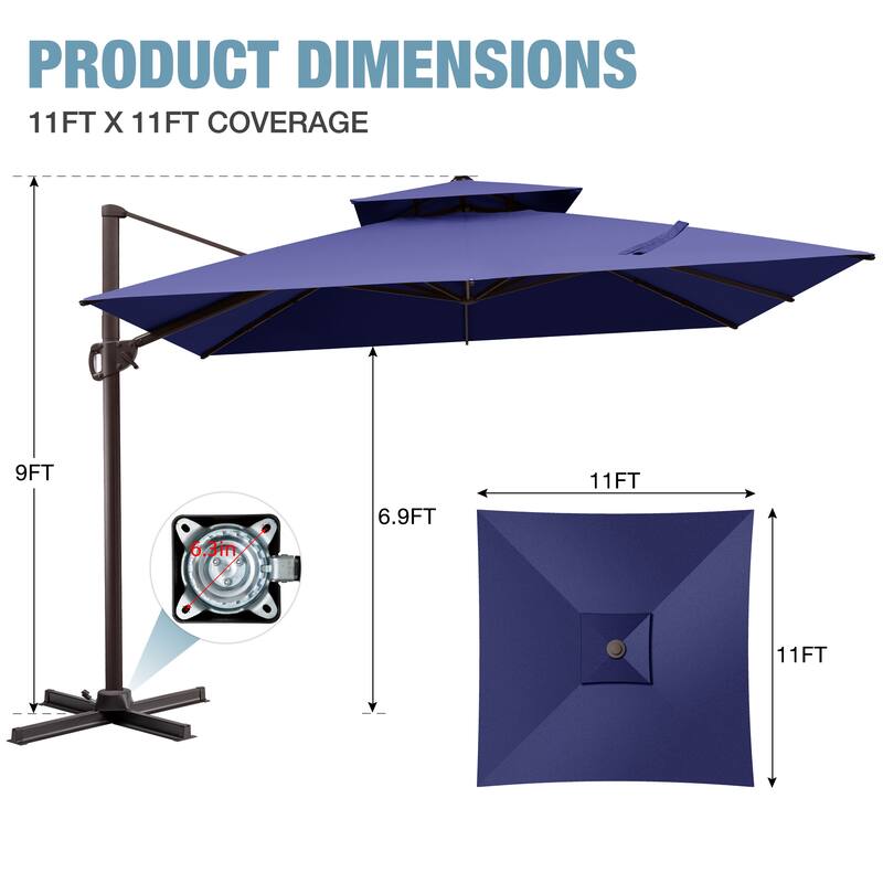 VredHom 11x11 FT Outdoor Patio Double Top Cantilever Offset Umbrella