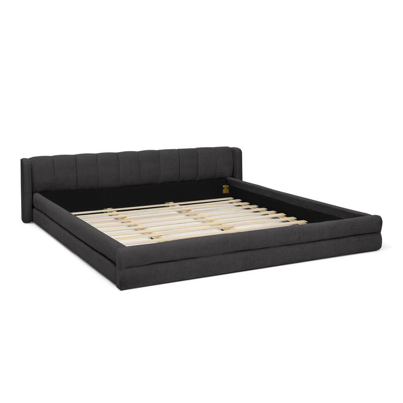 Modern Low Profile Bed Frame King Upholstered Platform Bed with Thick Fabric Headboard, Wood Slats Support, No Box Spring Needed