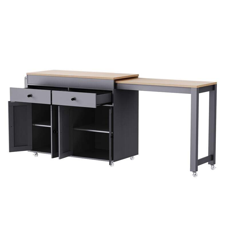 74.5″ Rolling Kitchen Island Cart with Extendable Table, Spice Rack & 2 Drawers