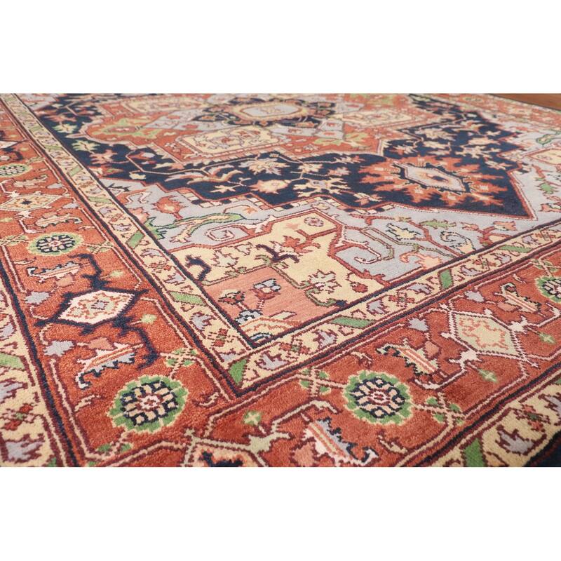 Navy Blue Orange Heriz Serapi Indian Area Rug Hand-Knotted Wool Carpet - 8'10" X 11'9"