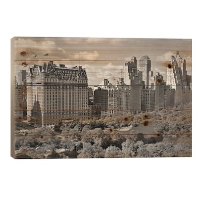 1950s Skyline Of New York City Manhattan 57Th Street Along Central Park Plaza Hotel Print On Wood by Vintage Images