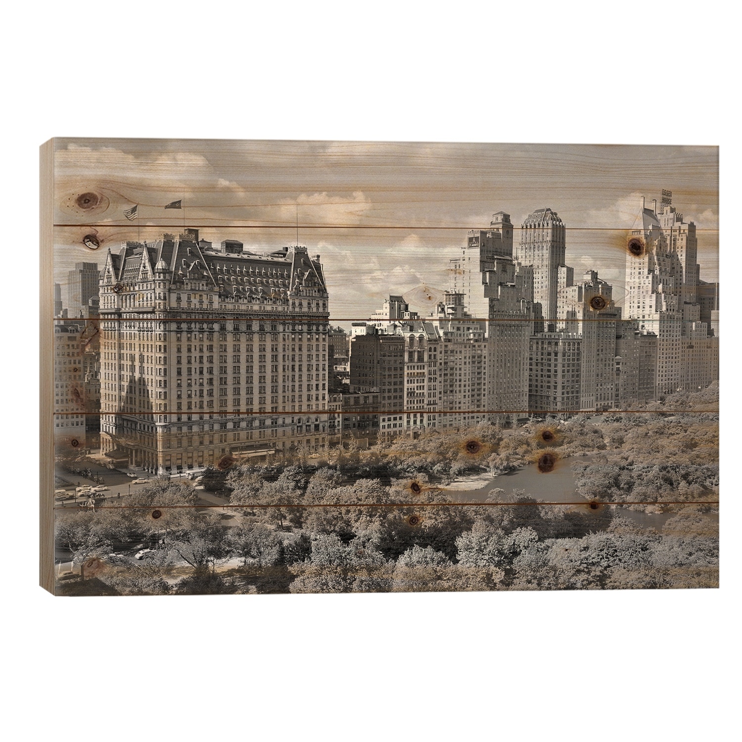 1950s Skyline Of New York City Manhattan 57Th Street Along Central Park Plaza Hotel Print On Wood by Vintage Images