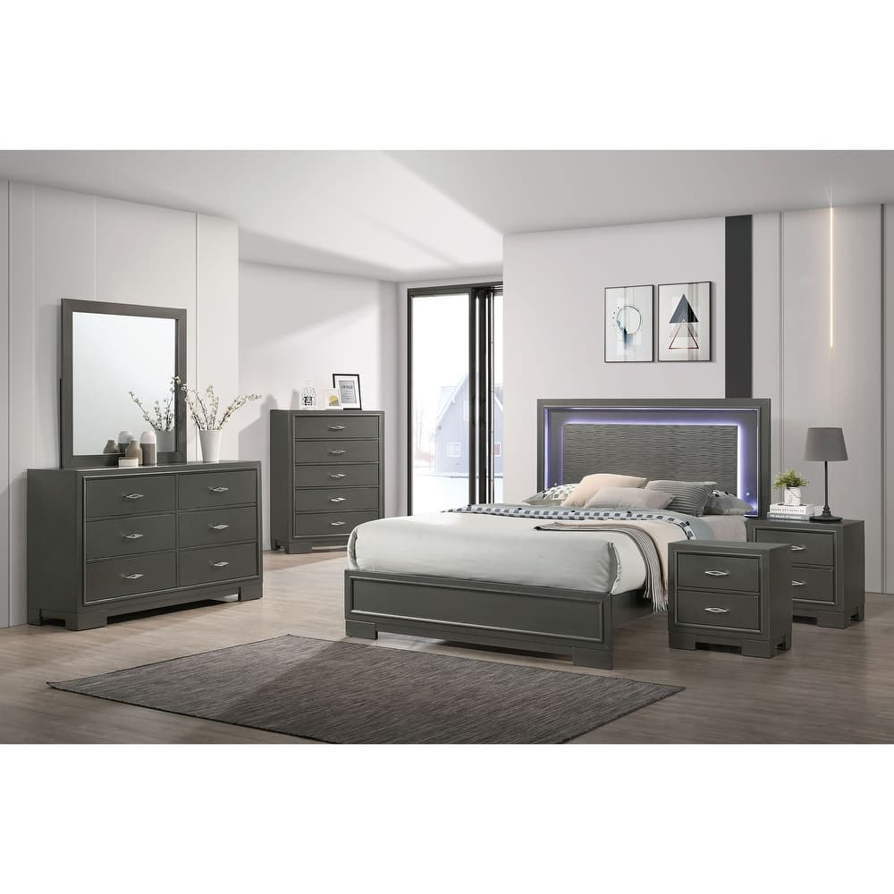 Furniture of America Lalt Modern 6-Piece Metallic Grey Wood Panel Bedroom Set with LED Light