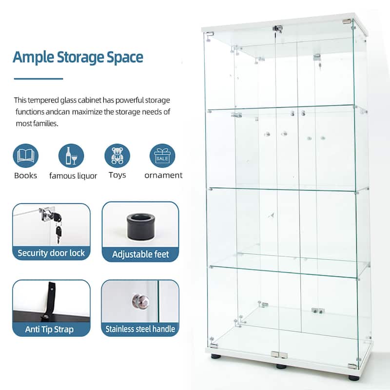 65" Tempered Glass Display Cabinet with Mirror Back, Bluetooth LED Lights, Lockable Doors, Liquor & Storage Cabinet