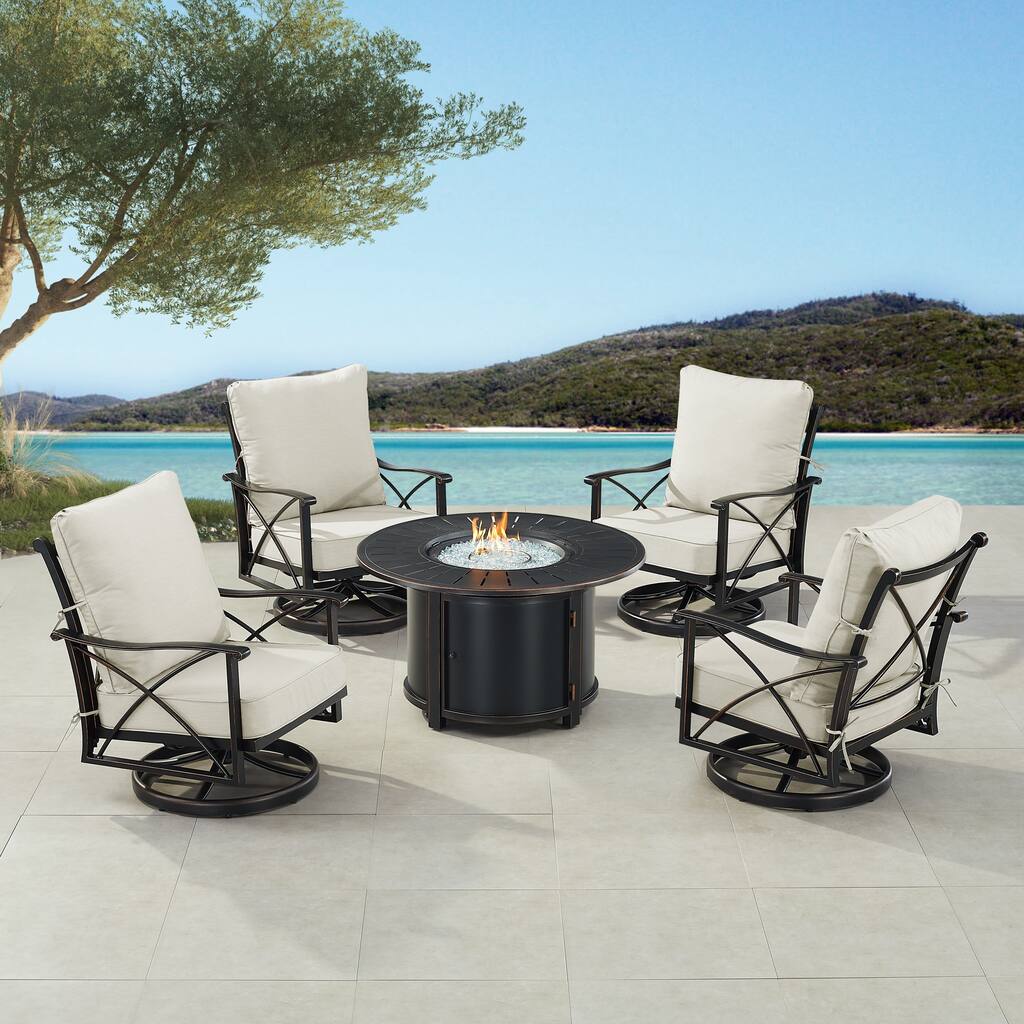 Black Aluminum Fire Table Set with Four Club Chairs