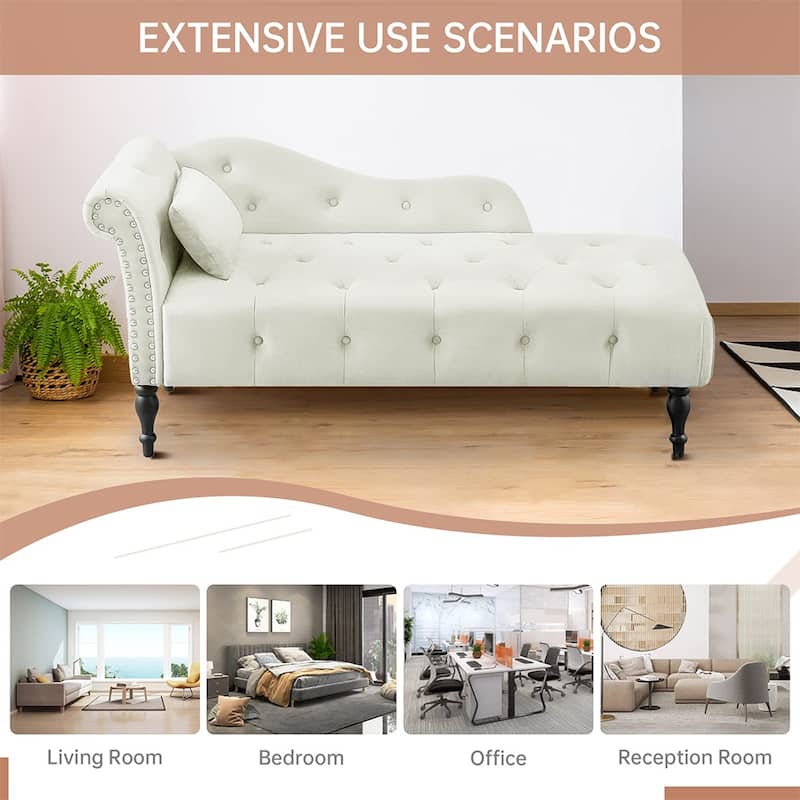 60"W Velvet Chaise Lounge, Tufted with Pillow & Nailhead Decorate - 60.6W" x 27.5D" x 28.3"H