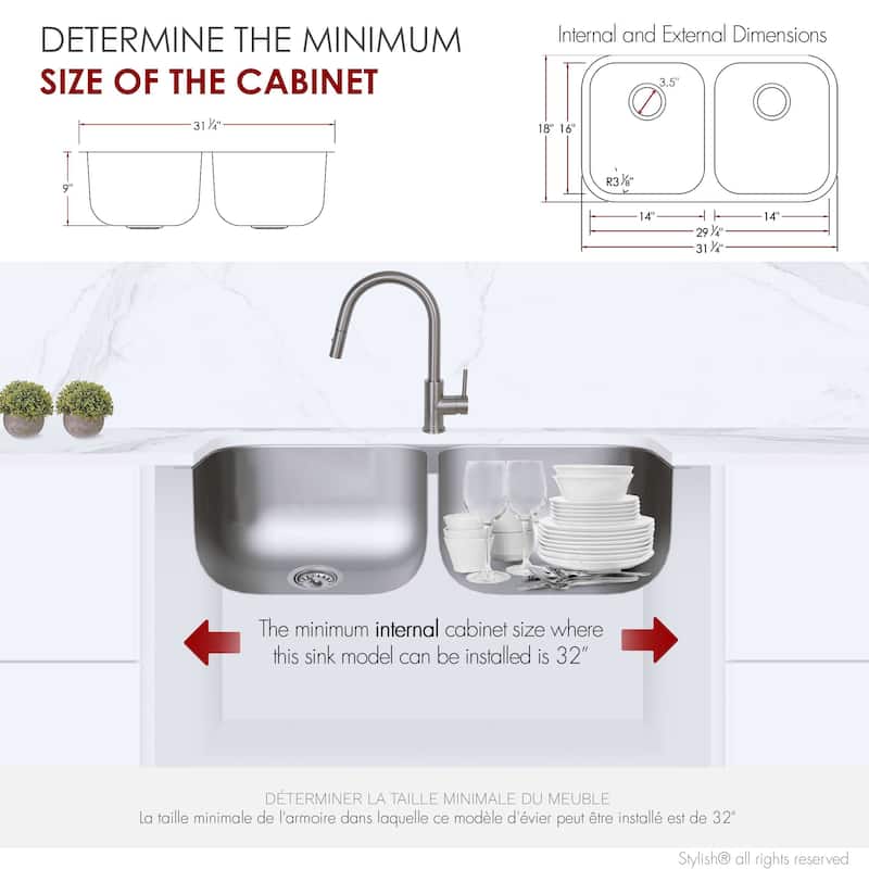 STYLISH Jaspel Dual Mount 31.25" Double-Bowl Kitchen Sink - 31.25" x 18" x 9"