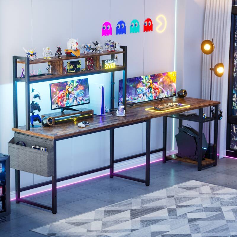 Reversible L-Shaped Desk with Storage Shelves and Hutch, Corner Desk with Charging Station and RGB LED Lights