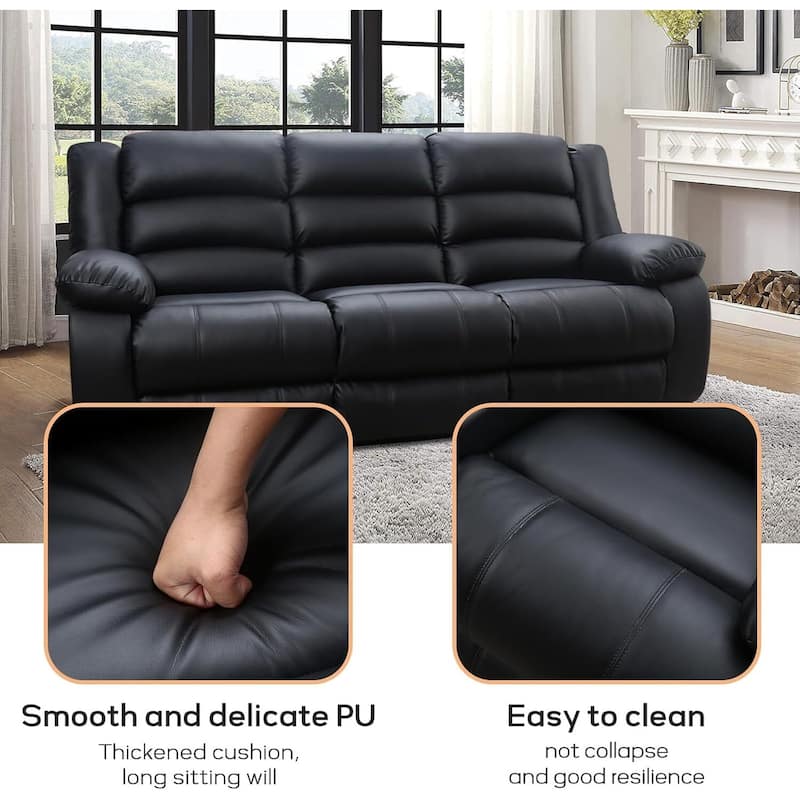 Faux Leather Manual Reclining Sofa with 2 Concealed Cup Holders, Overstuffed Armrest 3 Seat Recliner Couch for Living Room
