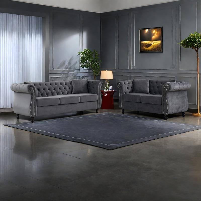 2-Pieces Chesterfield Velvet 3+2-Seater Combination Sofa Set with Nailhead Trim, Tufted Design, and Removable Cushions - Grey