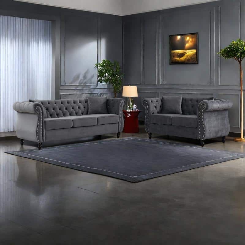 2-Pieces Chesterfield Velvet 3+2-Seater Combination Sofa Set with Nailhead Trim, Tufted Design, and Removable Cushions