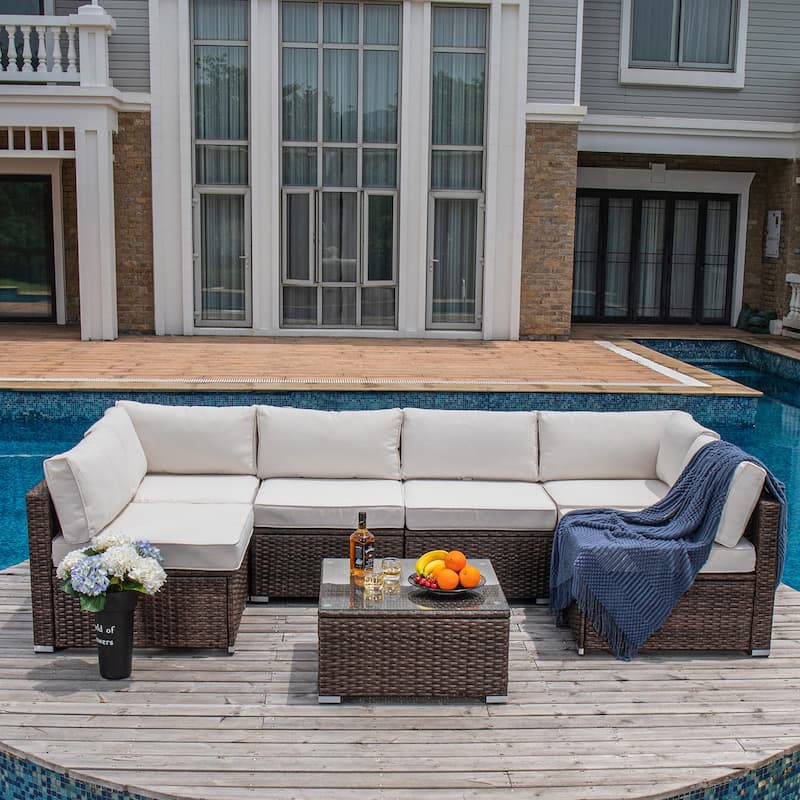 COSIEST 7-Piece Outdoor Patio Sectional Wicker Sofa With Coffee Table