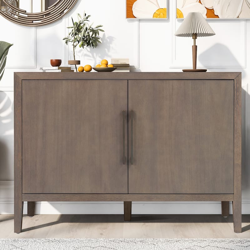 47.25"Sideboard with Pine Veneer and 2 Doors, Retro Buffet with Adjustable Feet, Wooden Storage Cabinet with Metal Handles - Brown