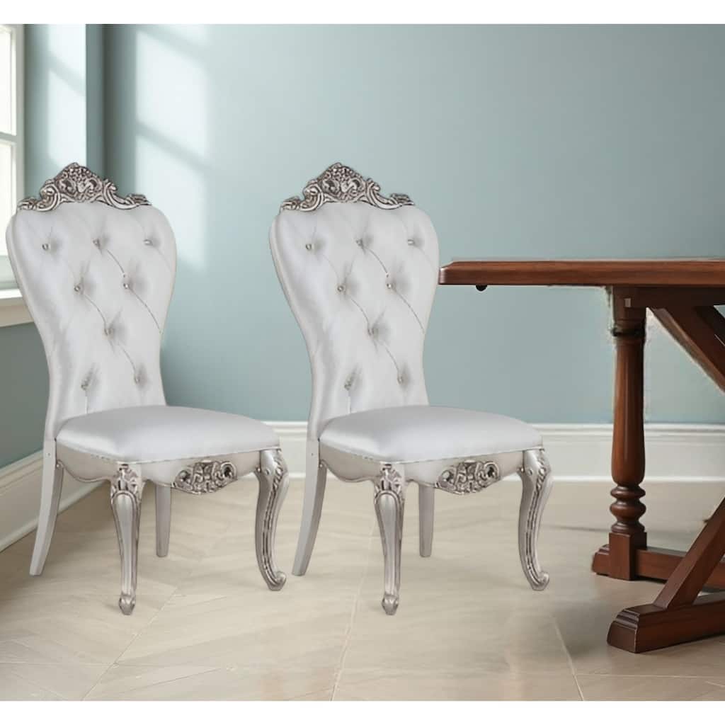 HomeRoots Set of Two Cream And Antiqued White Upholstered Fabric Queen Anne Back Dining Side Chairs