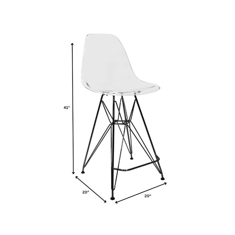 Cresco Acrylic Barstool in Brushed Black Steel Base with Ergonomic Seat, Footrest, & Floor Pads for Kitchen or Home Bar Set of 2