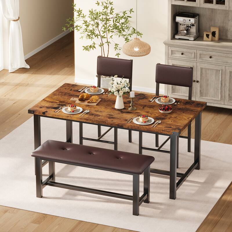 Dining Table Set for 4, Kitchen Table and 2 Upholstered Chairs with Bench - Brown