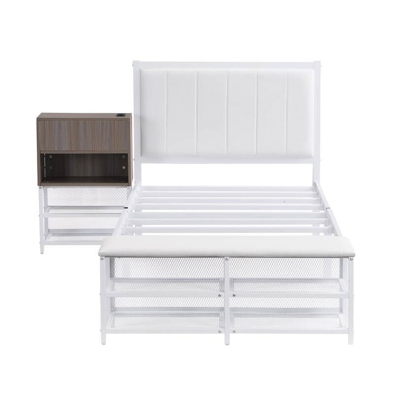 Metal Platform Bed with Two-Tier Storage Shelves, Wooden Storage Cabinet