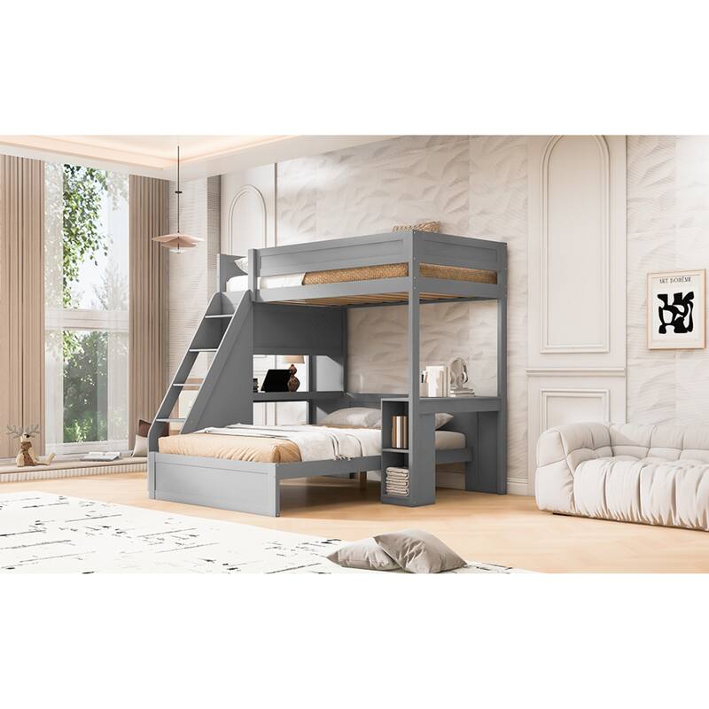 Roomfitters Twin XL Over Full Bunk Bed with Built-In Desk, USB Port and Shelves