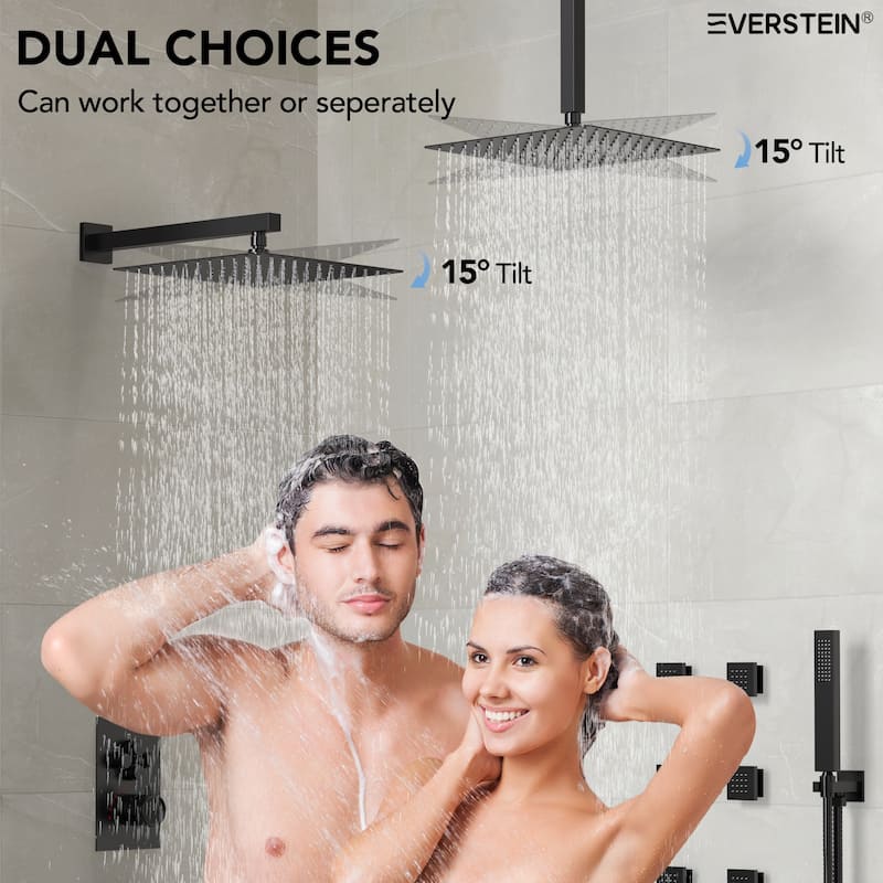 Thermostatic Dual Shower Head System ,12" High-Pressure Rainfall Shower Faucet with Four-Function Sprays