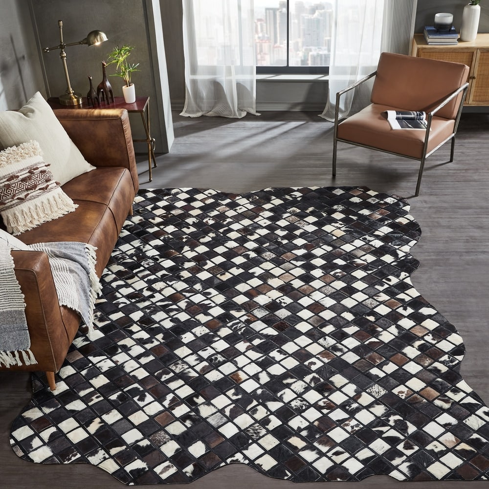 Pelle Leather Mosaic Squares Abstract-Edged Area Rug