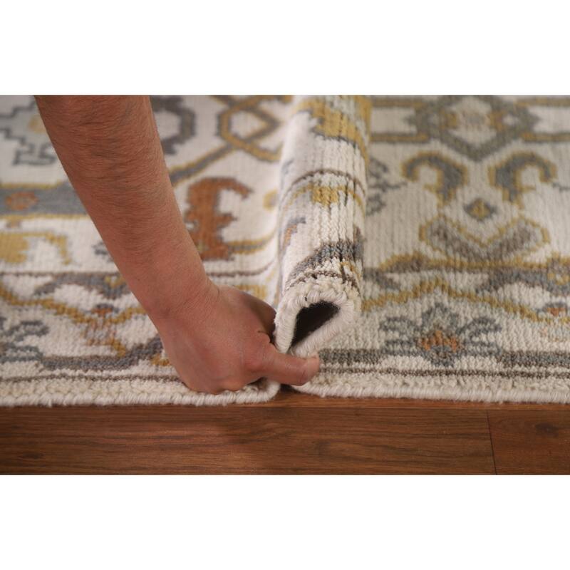 All-Over Ivory Oushak Indian Runner Rug Hand-knotted Wool Carpet - 2'6"x 10'2"