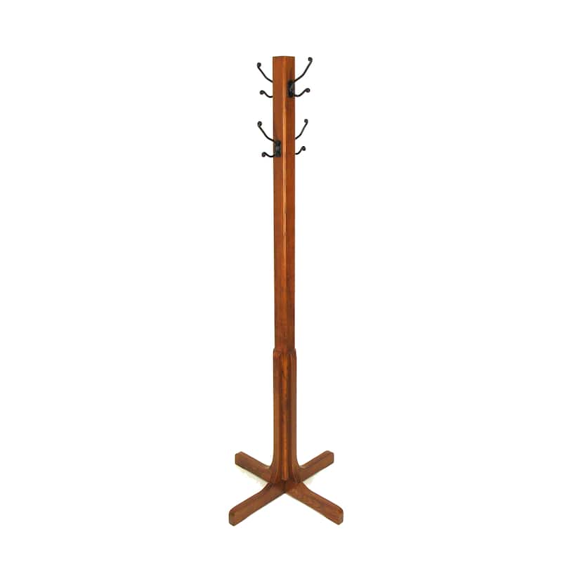 Wooden Coat Stand with X Frame Base and Metal Hooks, Oak Brown