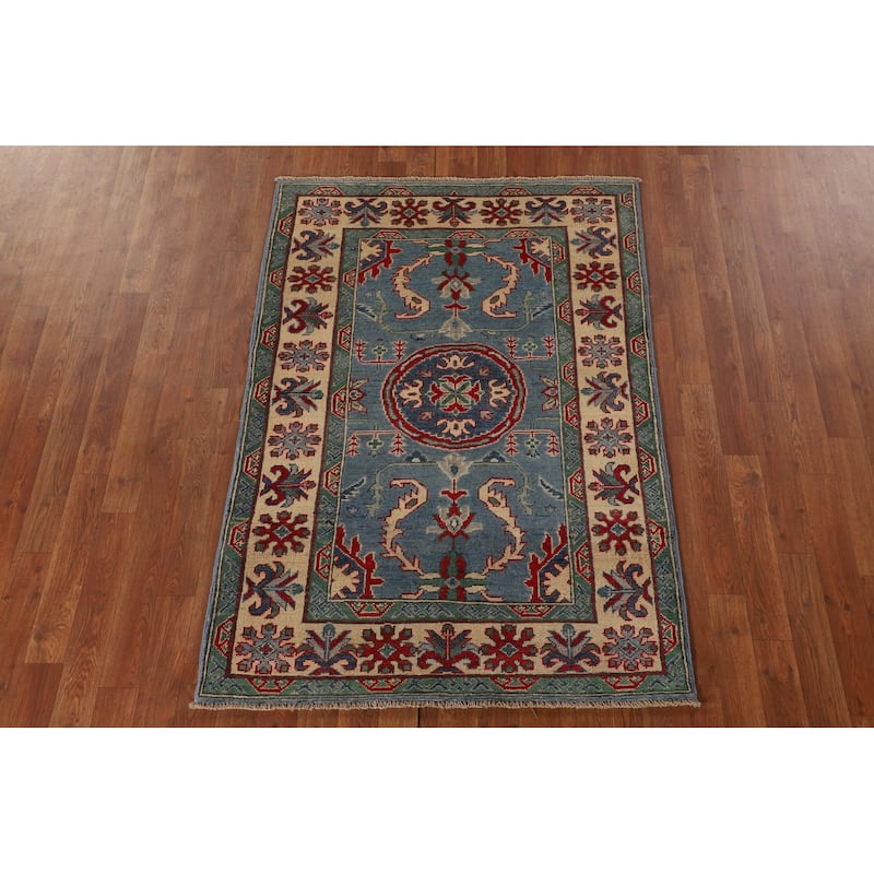 Light Blue Kazak Oriental Accent Rug Handmade Traditional Wool Carpet - 3'5"x 4'11"
