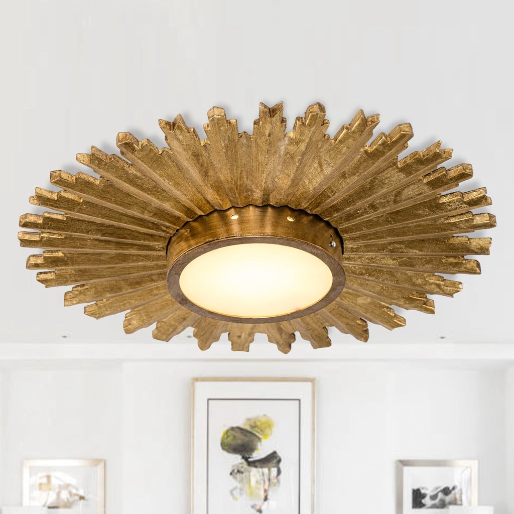 2-Light Gold Modern Handmade Wood Sunflower Shape Flush Mount Ceiling Light