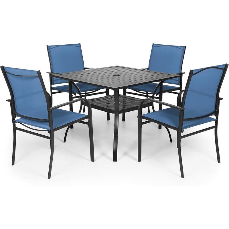 5 Piece Outdoor Patio Metal Dining Set of 6 Textilene Chairs and Square Table with Umbrella Hole - Blue