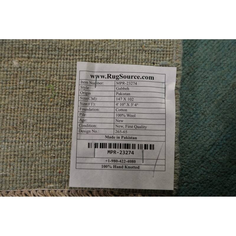 Green & Blue Gabbeh Modern Rug Handmade Stripe Wool Carpet - 3'4" x 4'10"