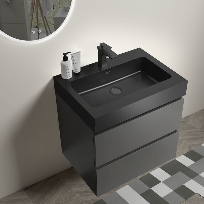 24"Bathroom Vanity with Sink,Storage Wall Mounted Floating Bathroom Vanity,One-Piece Black Sink Basin without Drain and Faucet
