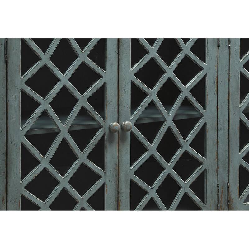 Lattice Design 4 Door Cabinet with Glass Inserts and Bun Feet, Teal Blue