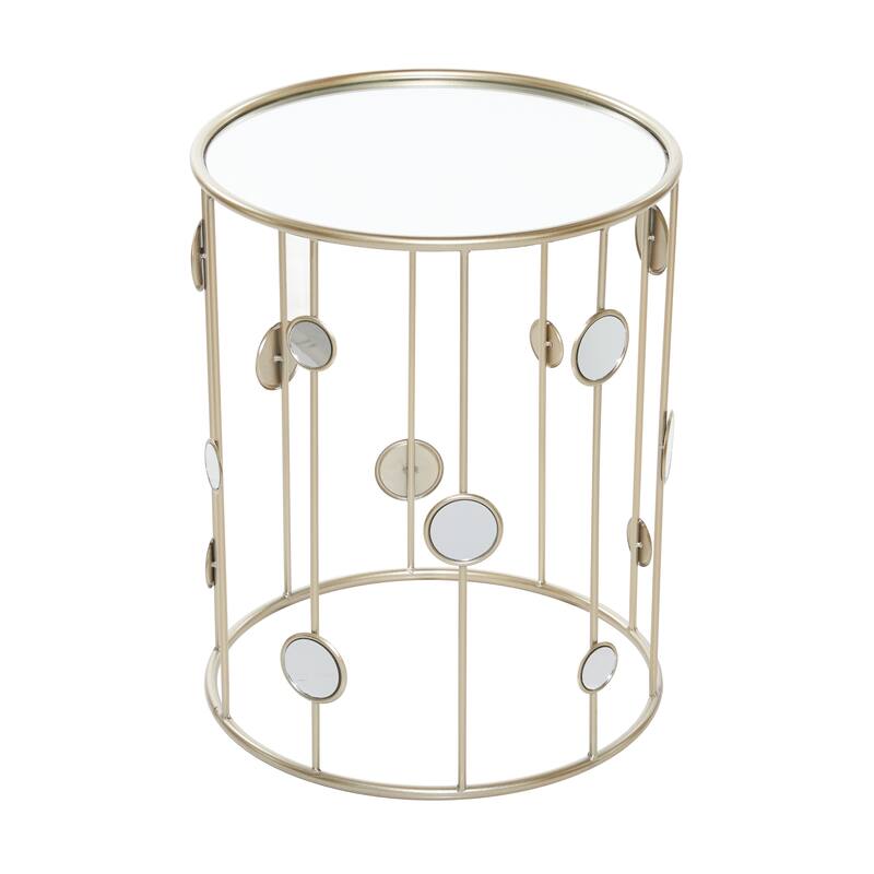 Gold Metal Open Frame Accent Table with Mirrored Glass Top and Circular Accents (Set of 2)