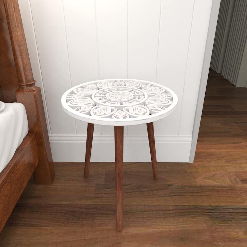 Wood Floral Handmade Intricately Carved Side End Accent Table with 3 Slender Legs - White - Roche River Decor
