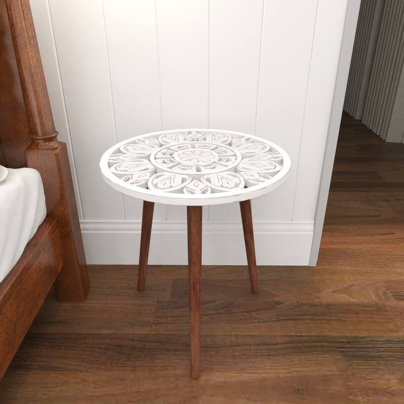 Mango Wood Handmade Intricately Carved Floral Accent Table with Tripod Legs - Dark Brown, White, Brown