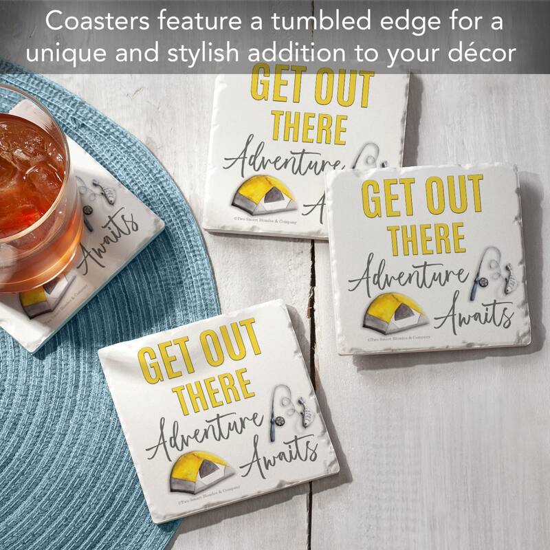 Get Out There 4-Pack Absorbent Stone Coasters with Protective Cork Backing 4" Square Made in The USA Easily Wipes Clean
