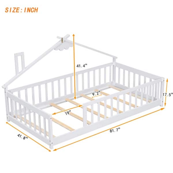dimension image slide 2 of 5, Wooden Montessori Floor Bed with Guardrails, House-Shaped Floor Bed, Wood Slat Support