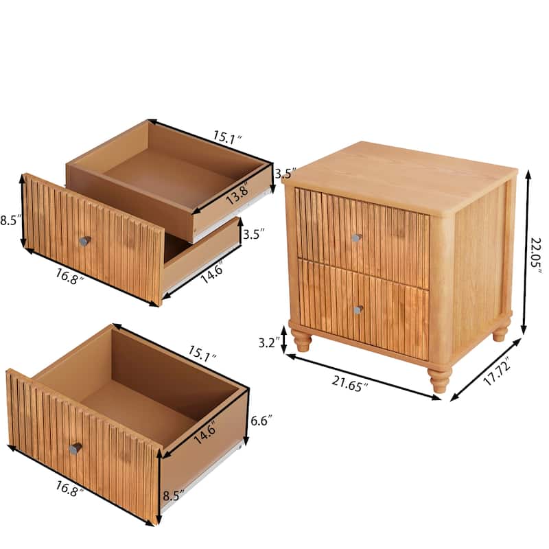 Fluted Nightstand, 21.65" Wide Side Table with 3 Drawers, Mid Century Modern Wood NightStand with Metal Handle